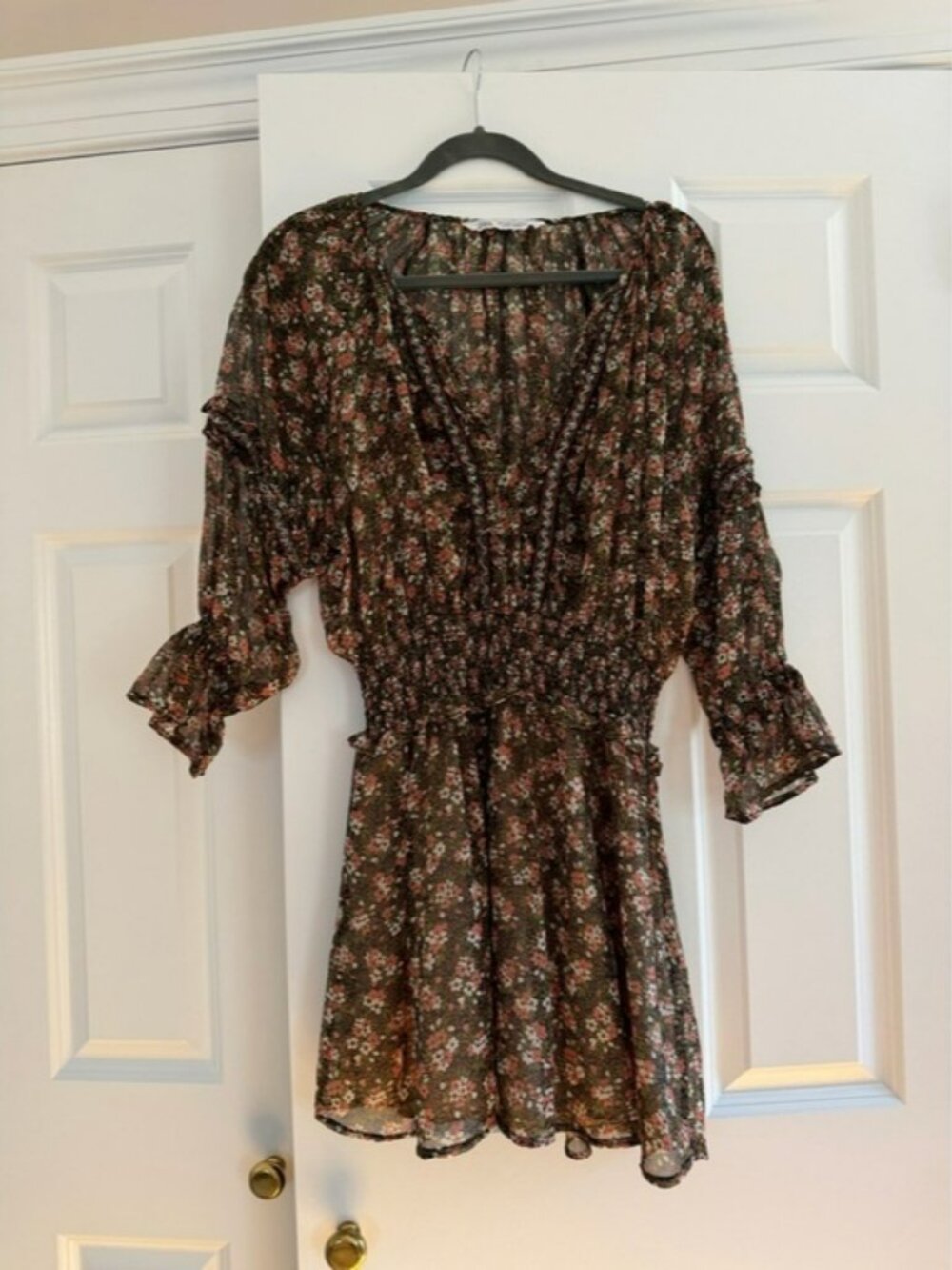 Zara Floral Smocked Waist Women's Dress - Pink on Olive